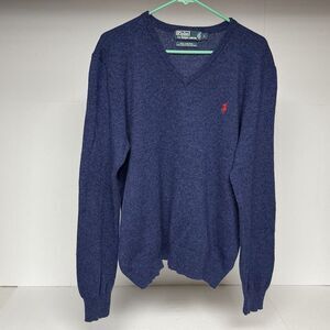 Polo Ralph Lauren 100% Lambs Wool Sweater Men L Long Sleeve Navy Pullover V Neck